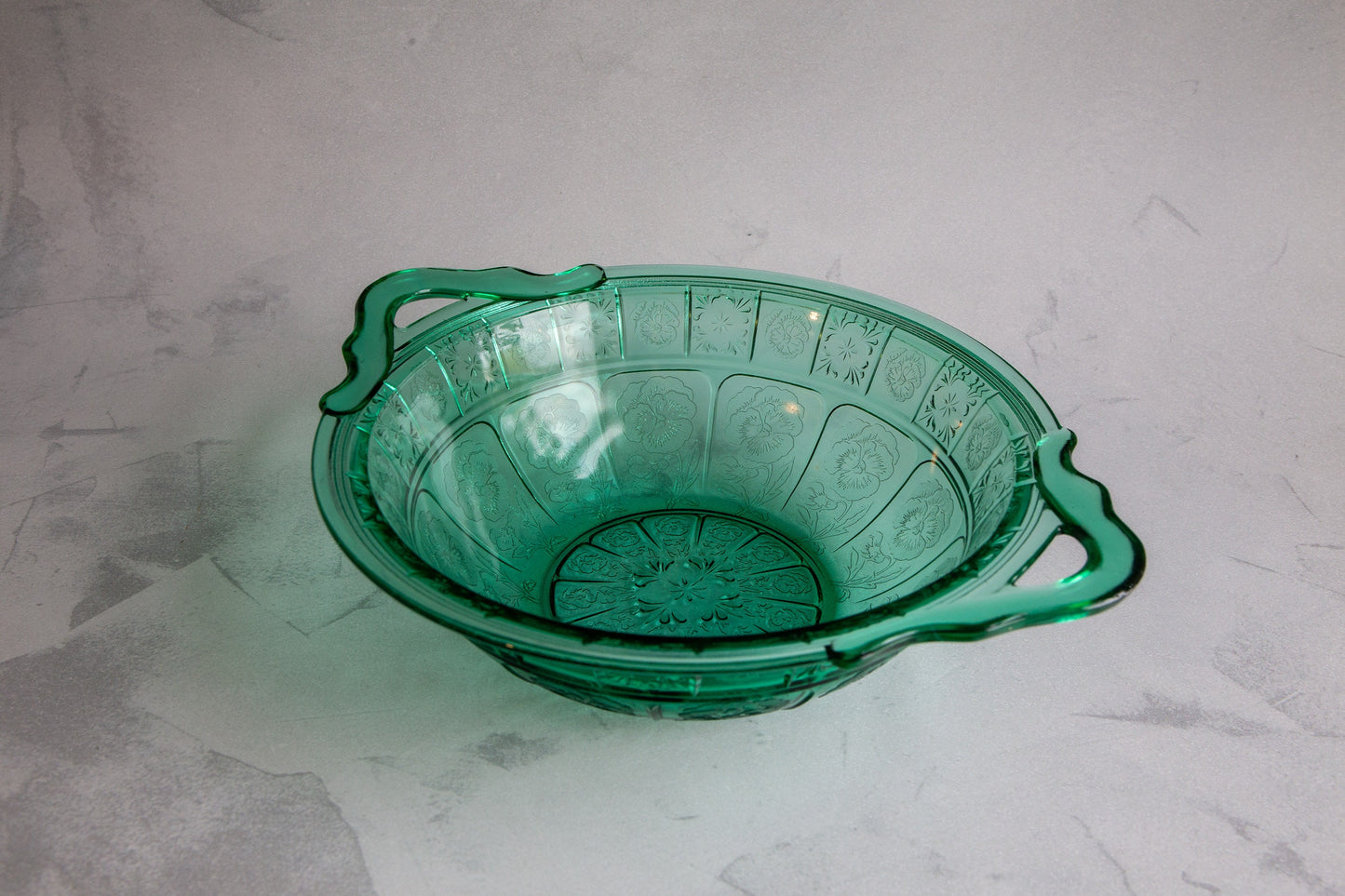 Vintage Jeannette Doric & Pansy Ultramarine Green/Blue Bowl