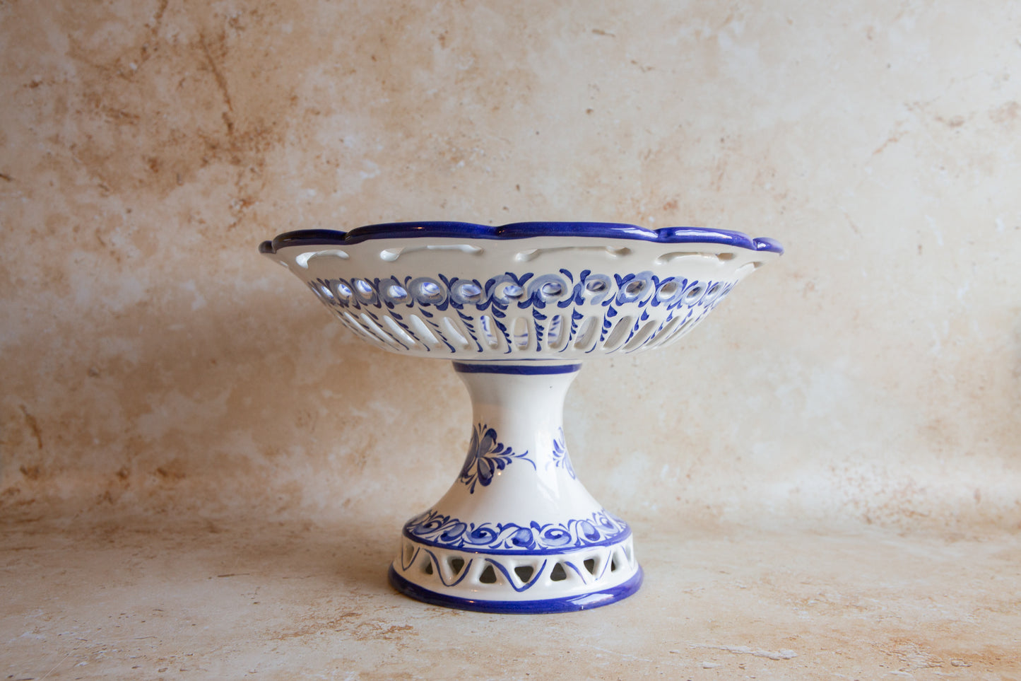 Vintage Portuguese Blue and White Reticulated Large Fruit Bowl