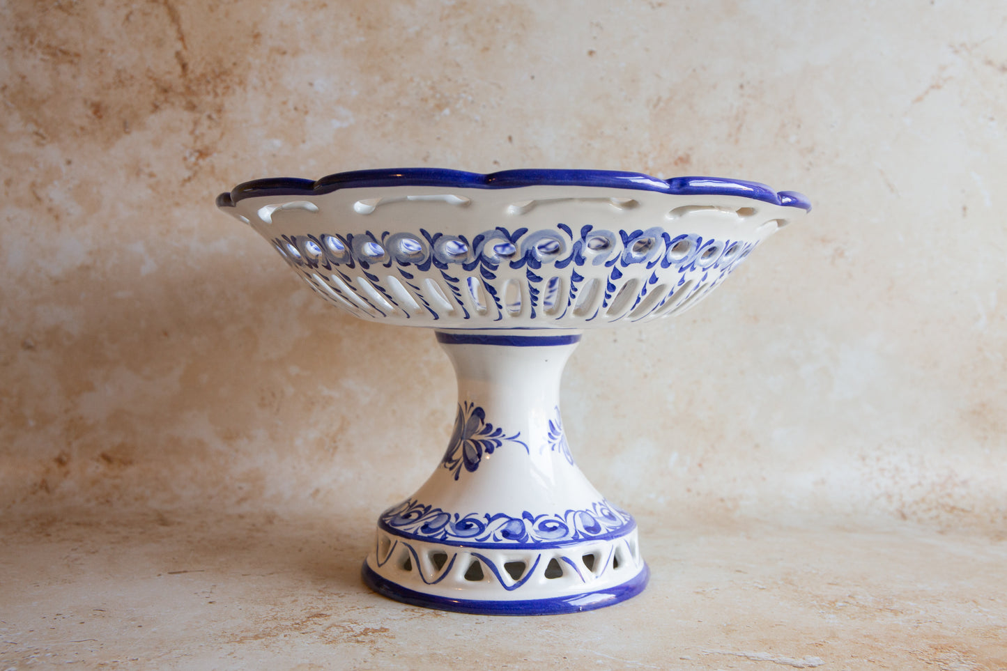 Vintage Portuguese Blue and White Reticulated Large Fruit Bowl