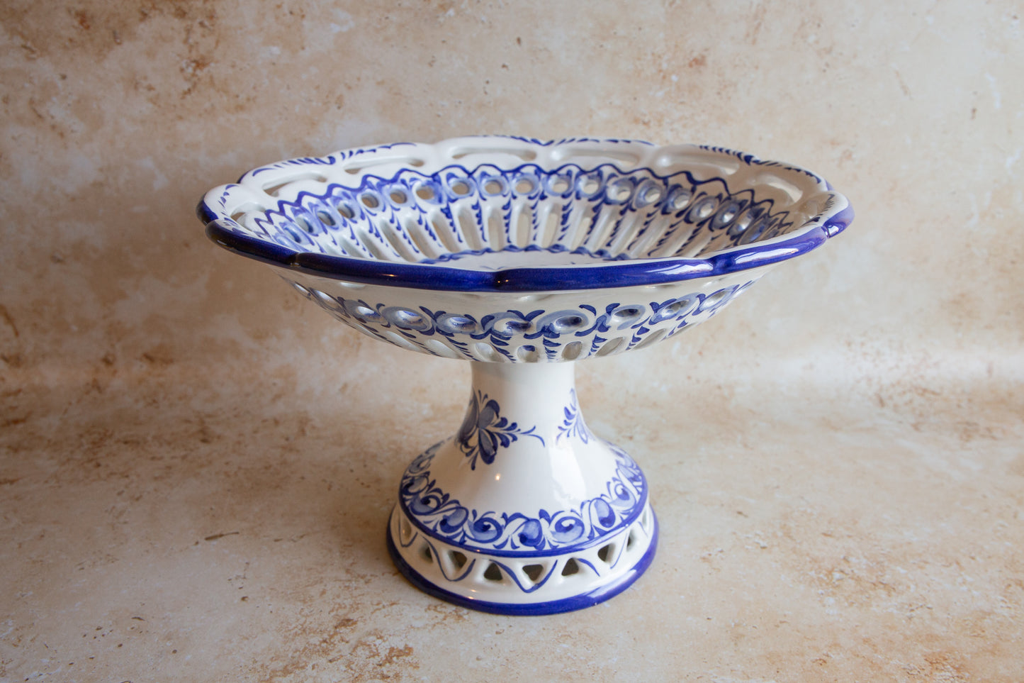 Vintage Portuguese Blue and White Reticulated Large Fruit Bowl