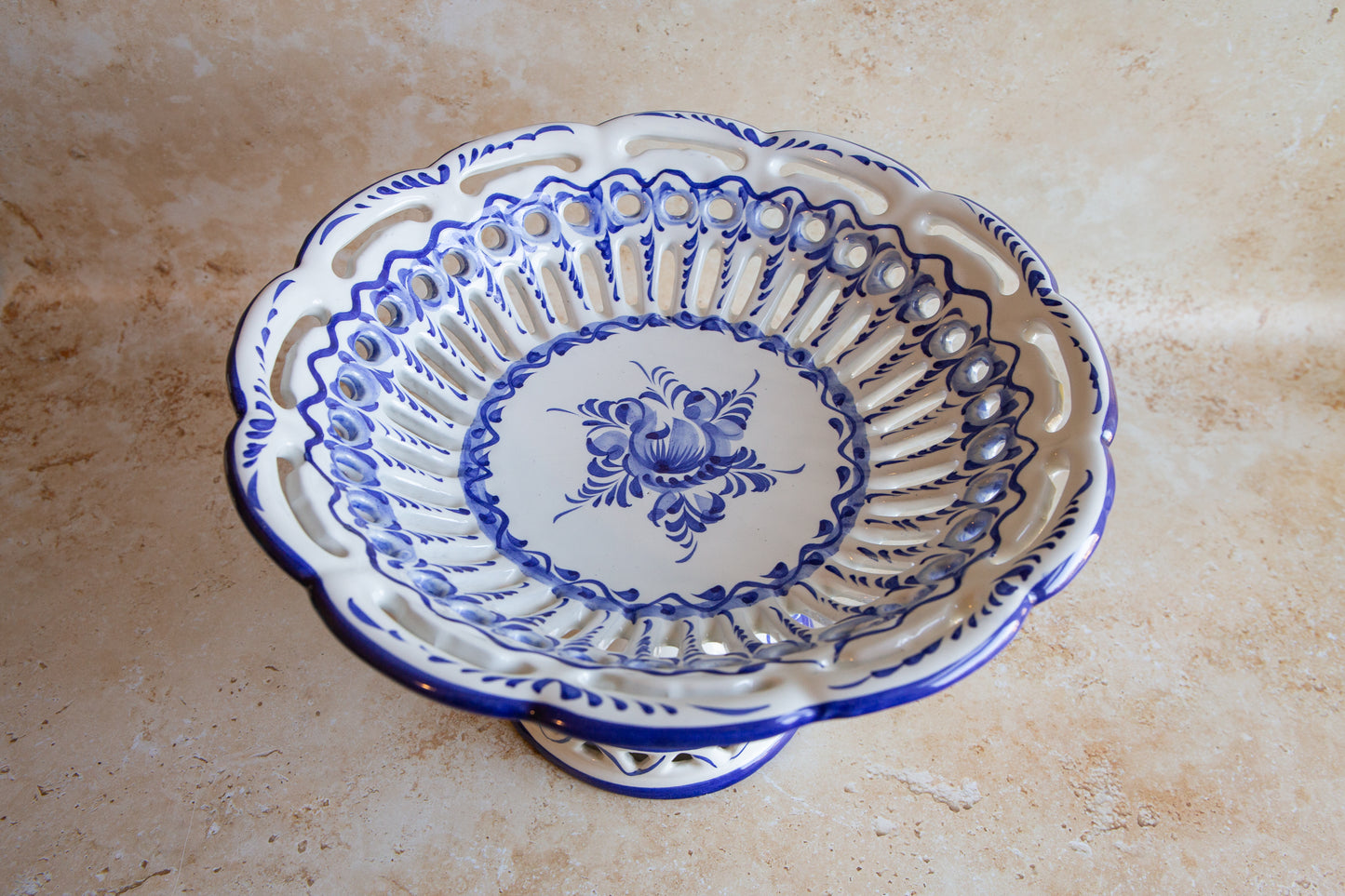 Vintage Portuguese Blue and White Reticulated Large Fruit Bowl