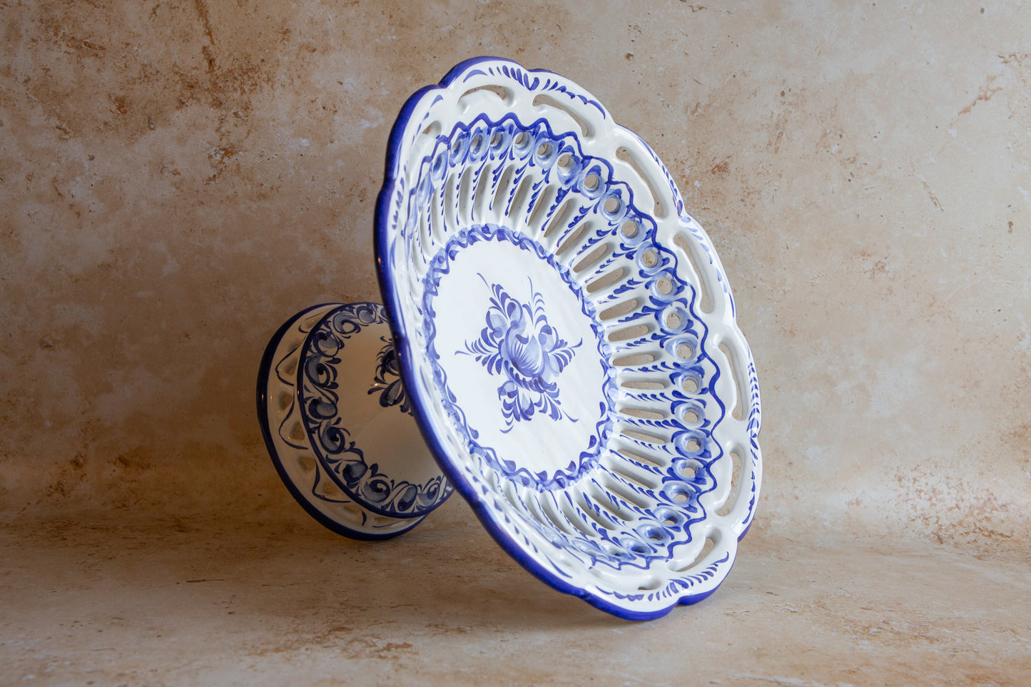 Vintage Portuguese Blue and White Reticulated Large Fruit Bowl