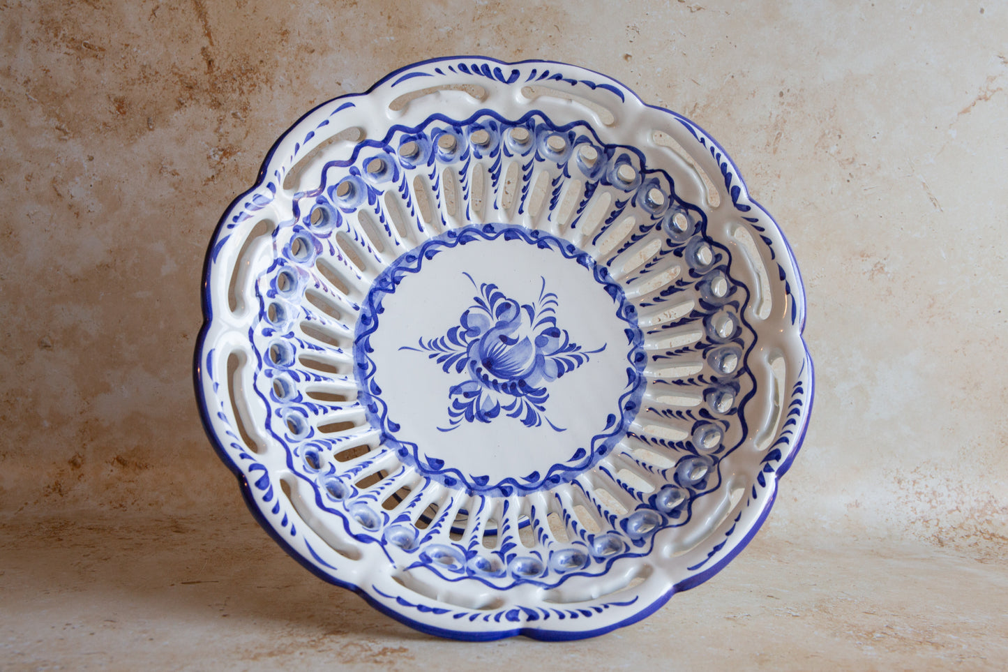 Vintage Portuguese Blue and White Reticulated Large Fruit Bowl