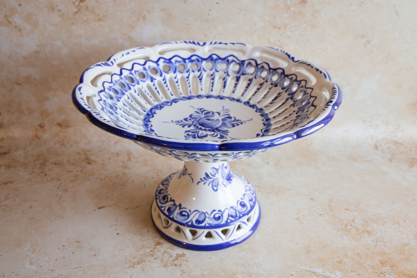 Vintage Portuguese Blue and White Reticulated Large Fruit Bowl