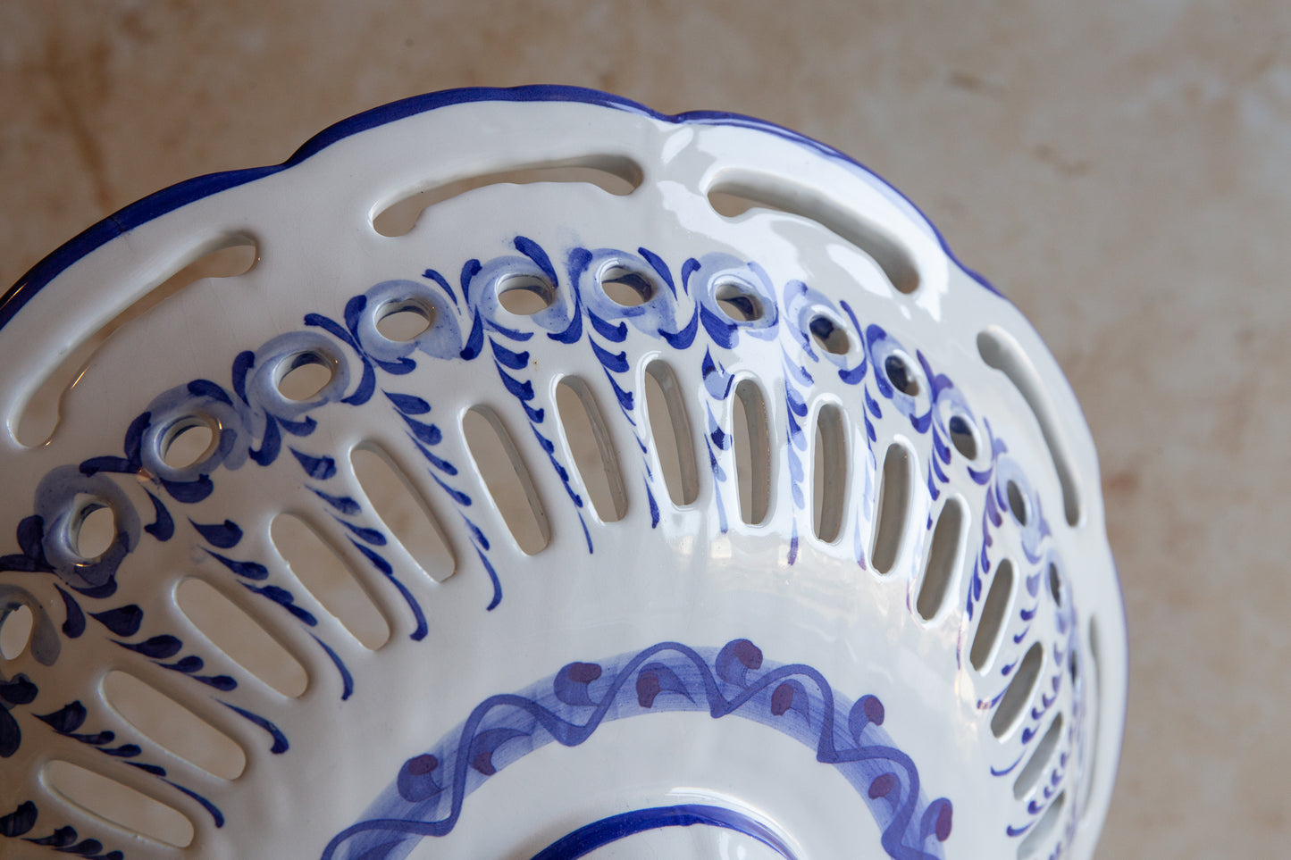 Vintage Portuguese Blue and White Reticulated Large Fruit Bowl