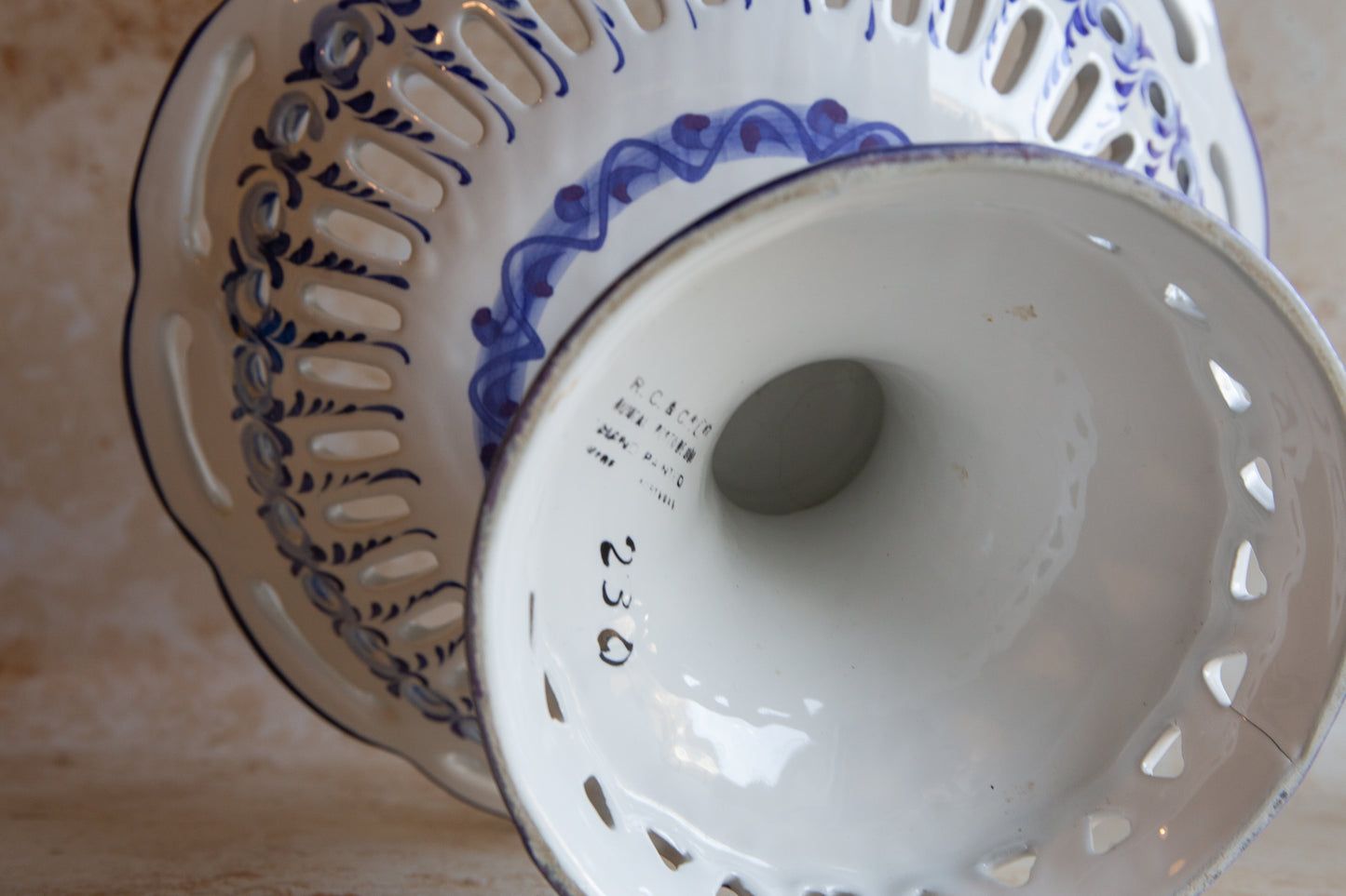 Vintage Portuguese Blue and White Reticulated Large Fruit Bowl