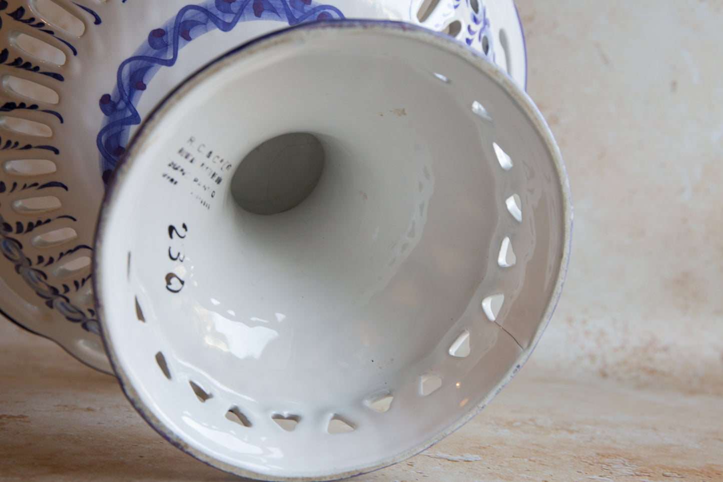 Vintage Portuguese Blue and White Reticulated Large Fruit Bowl