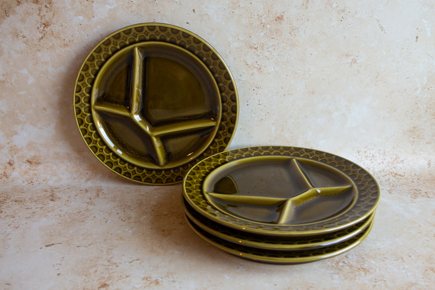 Set of 4 Vintage Sarreguemines Green Fondue Plates