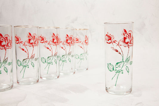 Vintage Glass Tumblers With Rose Motif Set of 6
