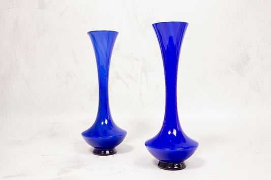 Pair of Vintage Cobalt Blue Cased Glass Bud Vases