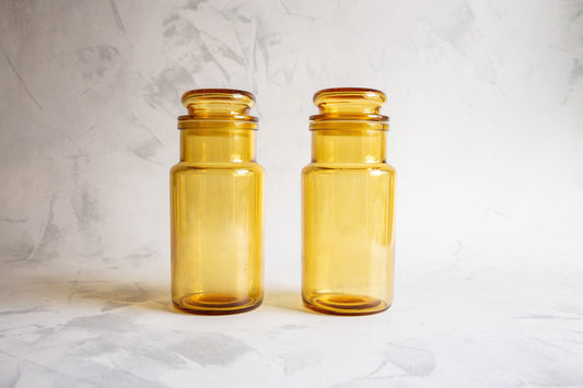 Pair of Vintage Amber Yellow Glass Jar Containers