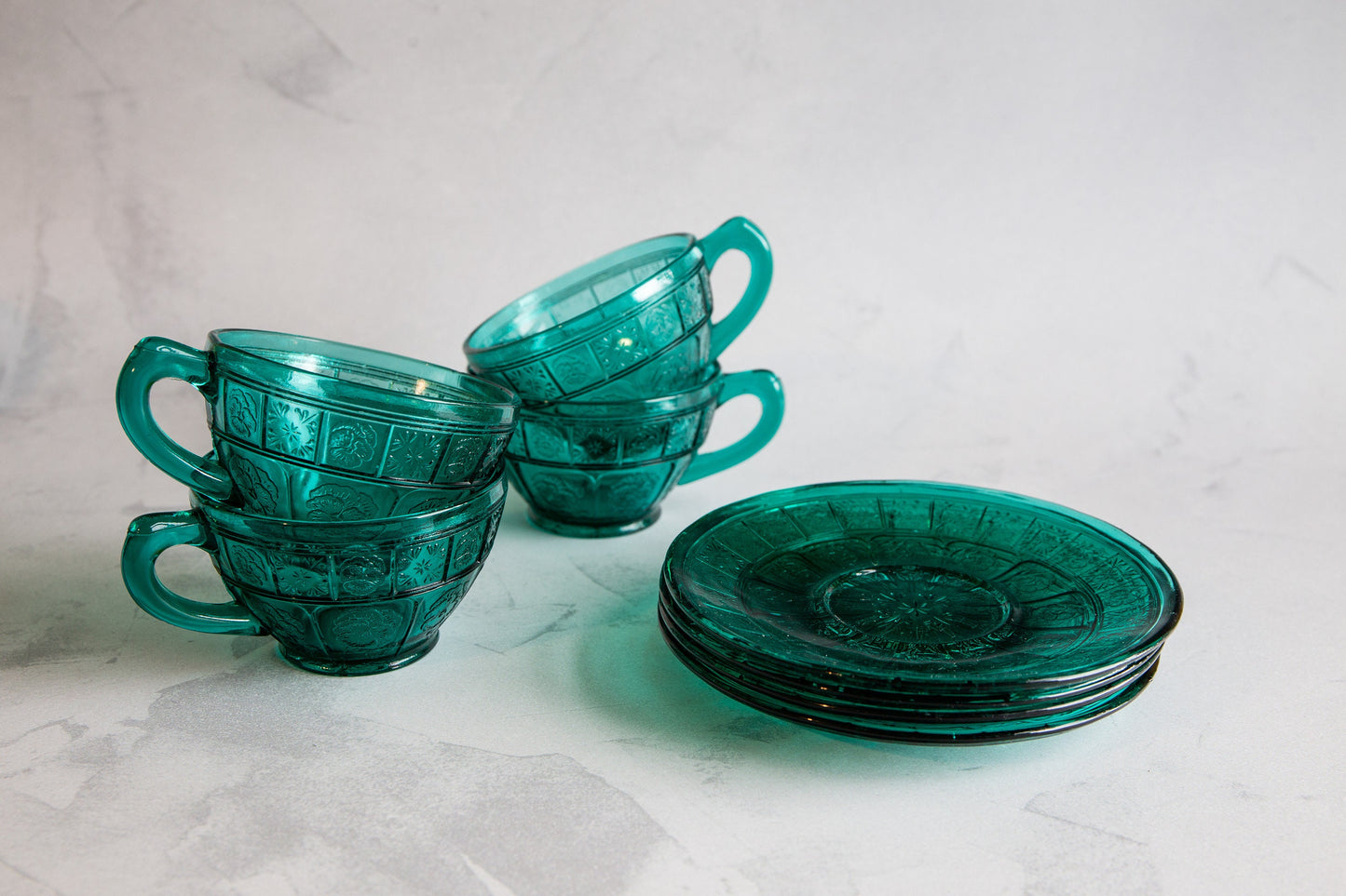 Vintage Jeannette Doric & Pansy Ultramarine Green/Blue Tea Cups Set